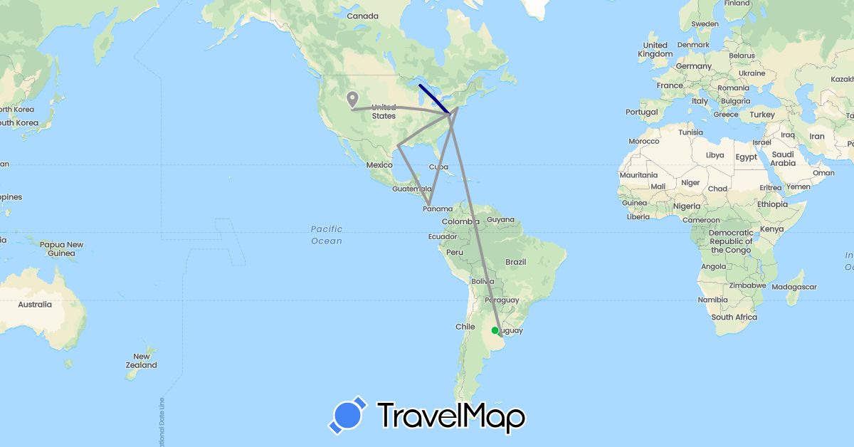 TravelMap itinerary: driving, bus, plane in Argentina, Costa Rica, United States (North America, South America)
